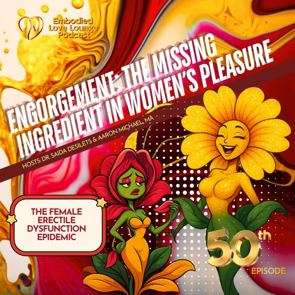 Podcast cover image exploring female arousal and engorgement with Dr. Saida Désilets and Aaron Michael discussing women’s sexual health and pleasure. Episode 50 All Explorers