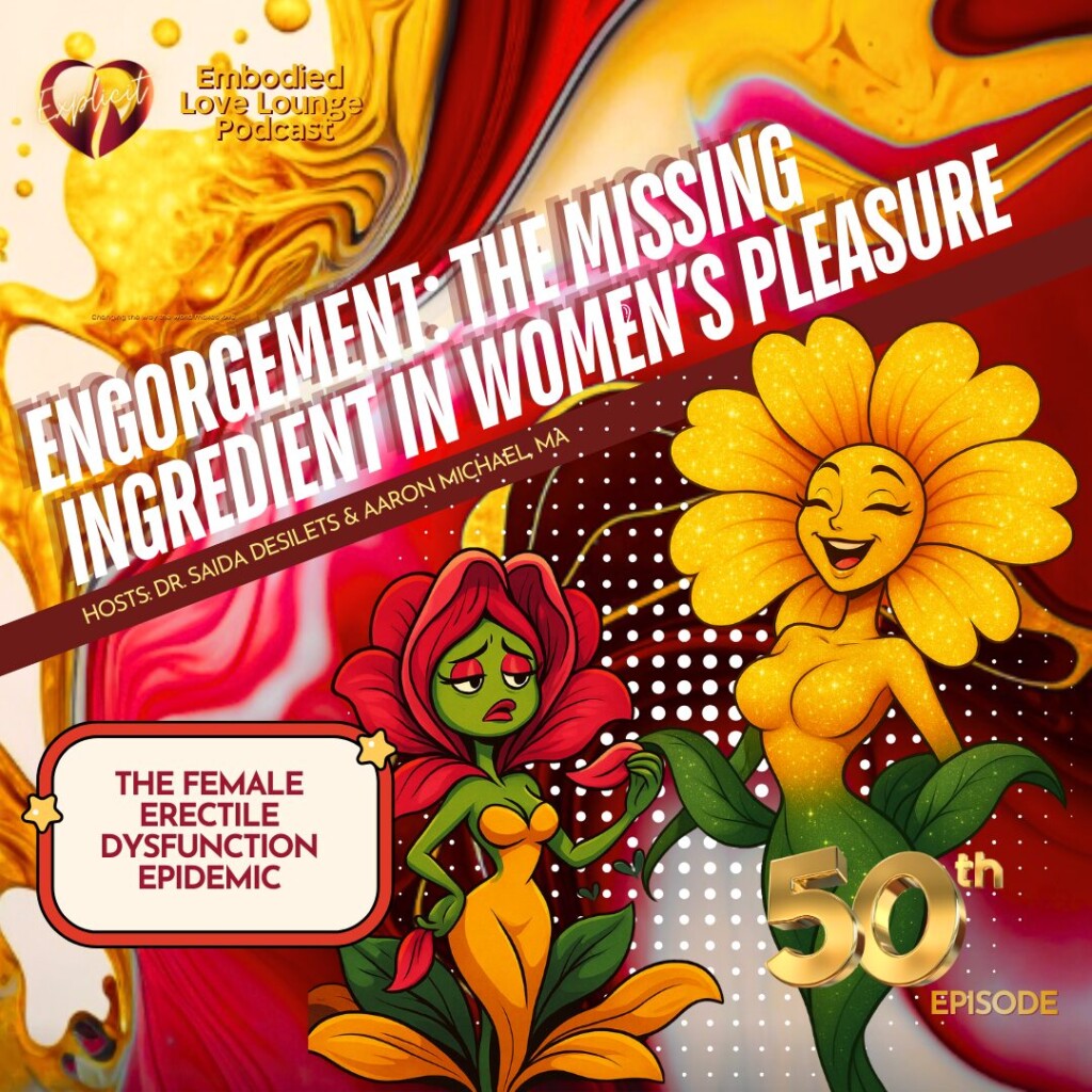 Podcast cover image exploring female arousal and engorgement with Dr. Saida Désilets and Aaron Michael discussing women’s sexual health and pleasure. Episode 50 members only